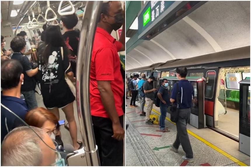 Komuter turun dari kereta di stasiun MRT Kembangan setelah asap putih terlihat di satu kabin